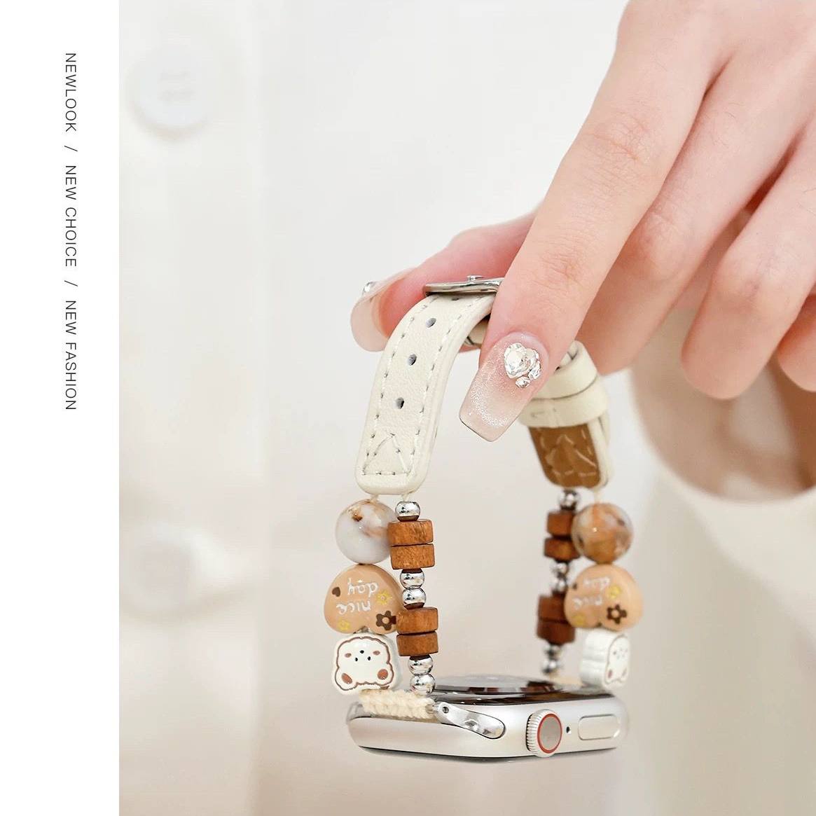 适用荣耀fit手环9/10真皮表带小熊陶瓷小狗木珠天然石荣耀4亲选2i