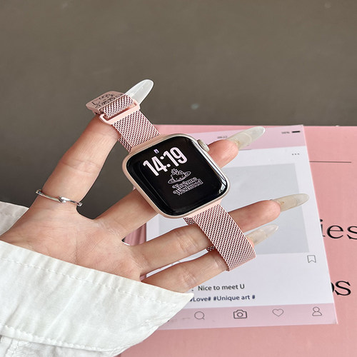 适用苹果iwatchs10代se3456表带金属米兰磁吸扣se789透气钢带kt猫
