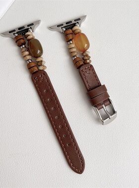 适用苹果AppleiWatchs11手表10夏天女款SE6789真皮拼天然石手表带