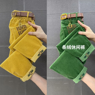 百搭高腰黄色休闲裤 2025春季 刺绣字母小脚直筒裤 灯芯绒九分裤 新款