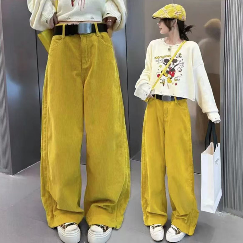 秋冬新款高个子加长女款宽松显瘦遮肉弯刀裤子高腰黄色直筒休闲裤