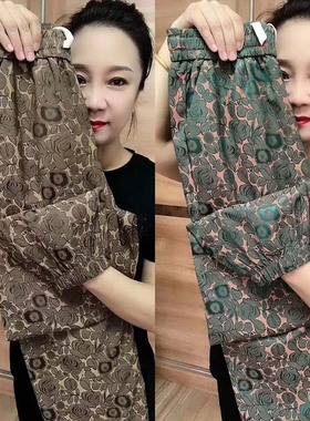 缎面醋酸裤子防蚊透气小个子休闲裤女薄款绿色九分裤高腰显瘦花裤