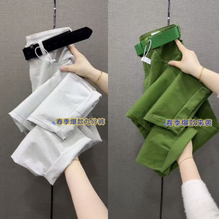 直筒百搭遮肉休闲裤 高腰九分绿色弯刀小个子宽松显瘦时尚 新款 春季