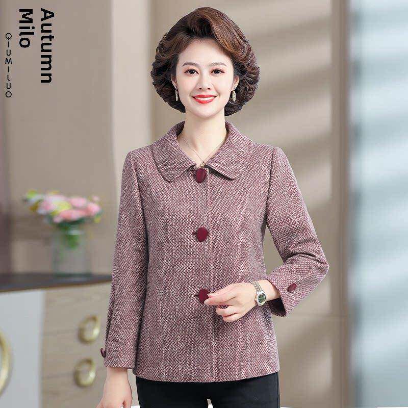 春装新款妈妈秋装毛呢外套短款洋气50岁中老年女秋冬翻领呢子上衣