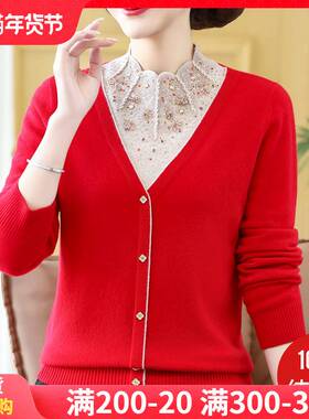 妈妈装本命年红色100纯羊毛绒针织衫秋冬新款半高领假两件厚毛衣