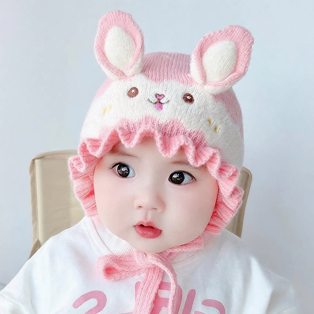 新款婴儿帽子秋冬款可爱男女宝宝女童新生儿针织毛线兔子耳朵帽子