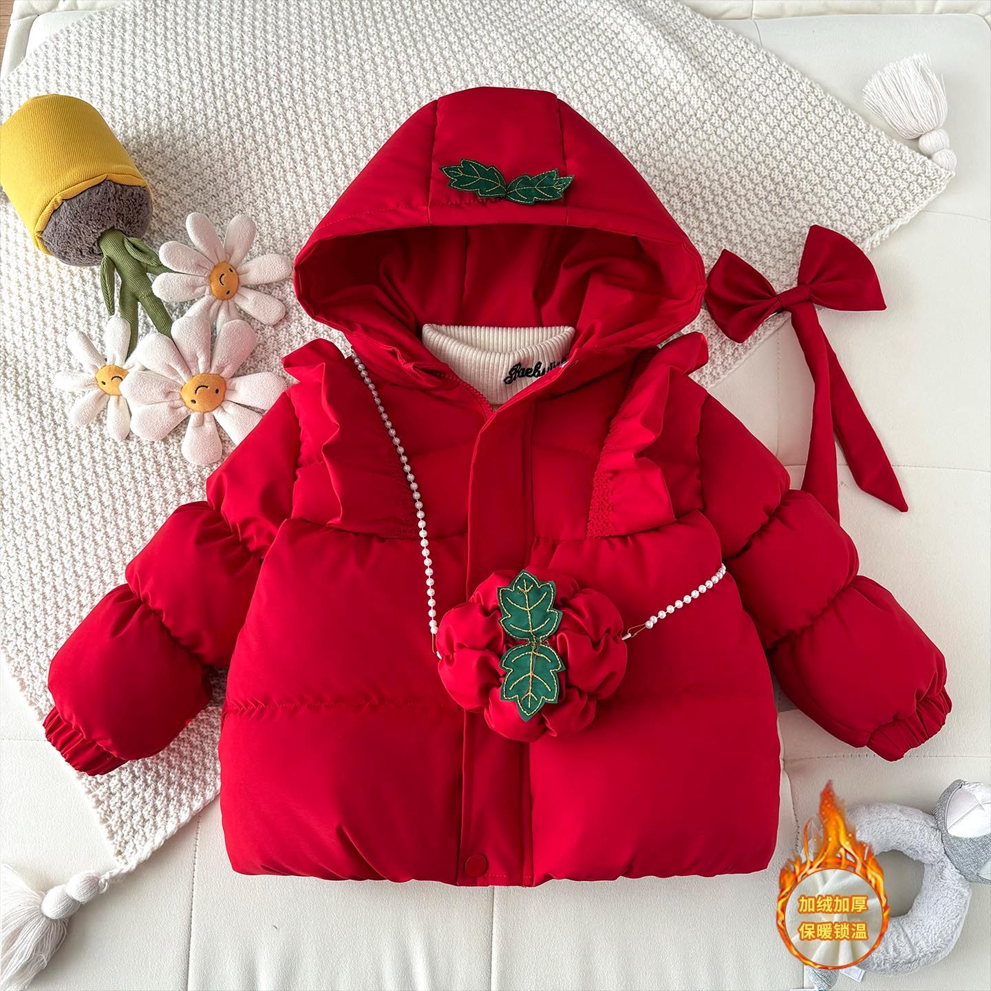 婴儿童冬装加绒连帽洋气外套宝宝棉衣加厚拜年服女童红色羽绒棉服