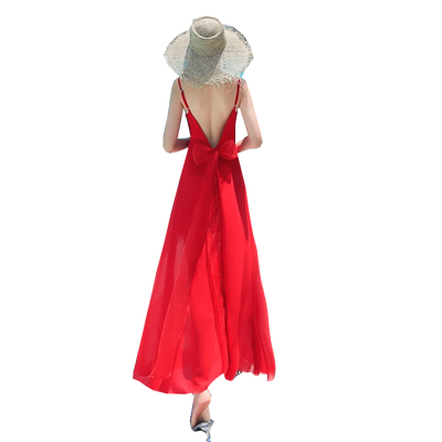 性感露背红色蝴蝶结显瘦长裙