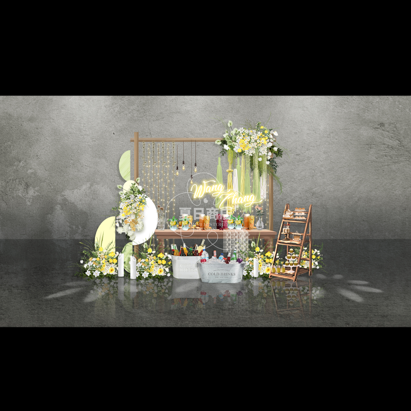 574白绿色清新宁静布幔小众婚礼整套设计效果图水吧迎宾psd素材