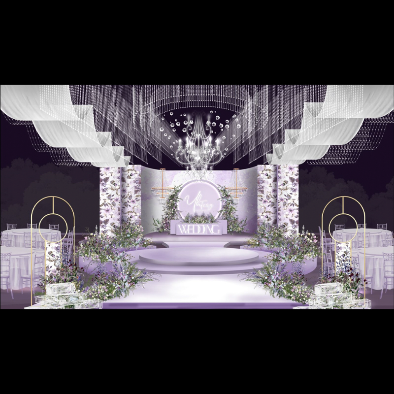 748淡紫粉白绿色调温暖温馨风格婚礼舞台效果图水晶布幔设计图psd