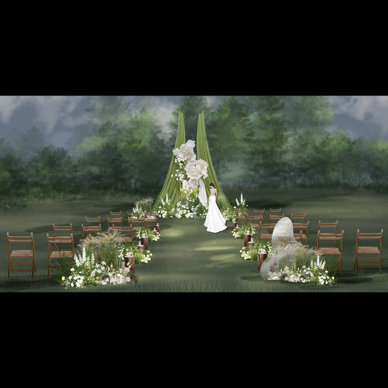 736户外草坪森林背景绿色布幔白绿花艺点缀婚礼手绘psd分层源文件