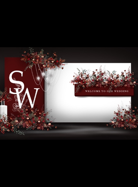 红白色格调花艺点缀摆件婚礼迎宾背景板PSD分层素材a46
