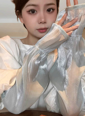 网红珍珠网纱防晒袖套女款冰袖夏季开车手套防紫外线时尚宽松手袖