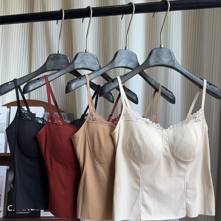 马甲线蕾丝边吊带背心纯欲性感秋冬磨毛辣妹内搭带胸垫内衣女6104