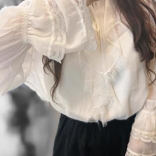 诗文制 蕾丝花边拼接荷叶边V领系带雪纺衬衫女春季法式朦胧感上衣