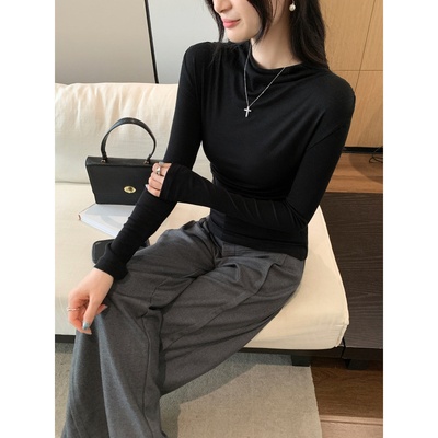 莱赛尔天丝羊毛燕麦色半高领打底衫女秋冬季新款修身内搭长袖上衣