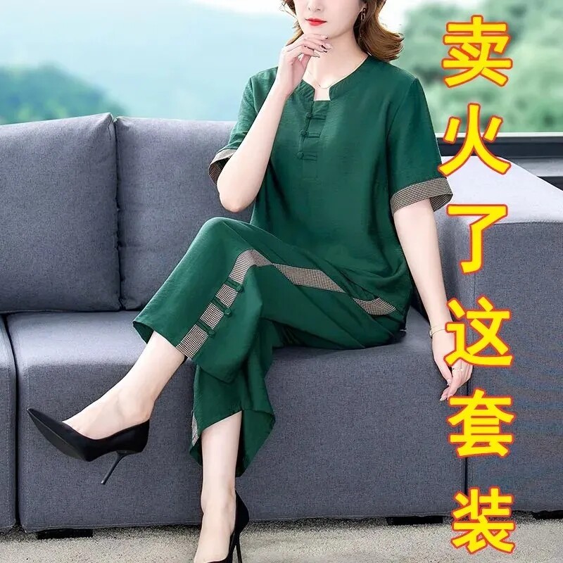 大码胖MM套装女夏季2023年新款阔太太洋气妈妈装休闲阔腿裤两件套