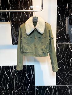 2026年休闲短款 兔毛毛领夹棉加厚夹克军绿色帅气机车外套女春秋