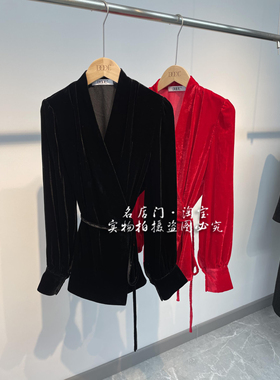 2026年高级感 真丝绒优雅显瘦V领复古红色桑蚕丝小衫上衣开衫女