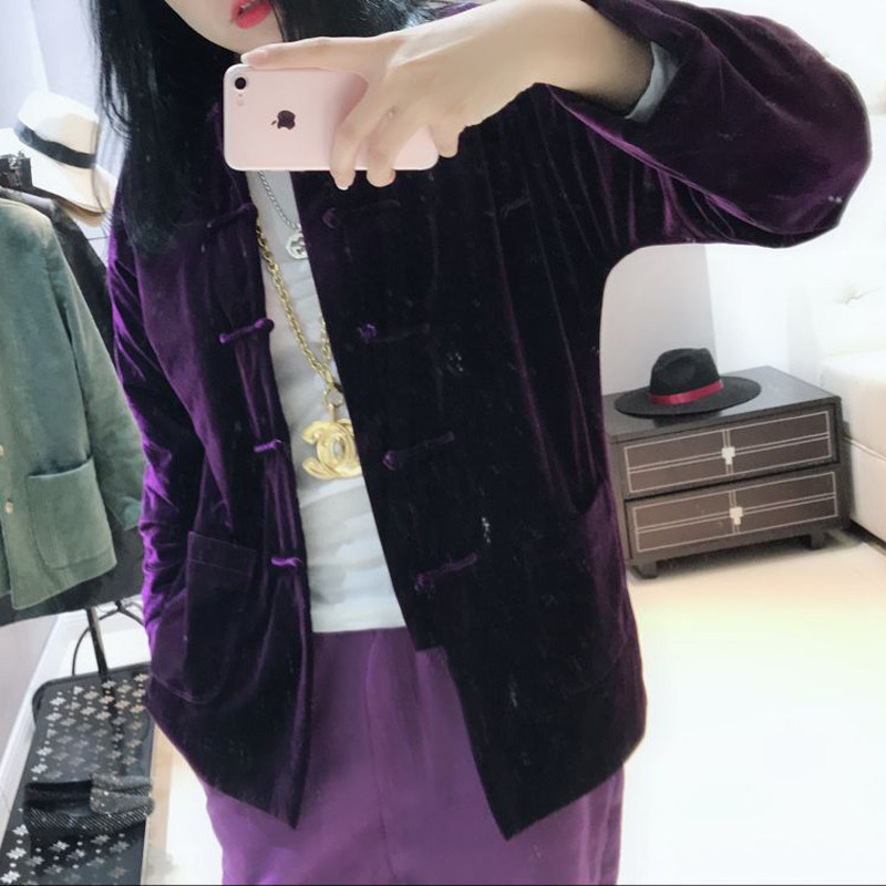 复古一字扣女冬春紫色丝绒夹棉唐装改良款短款上衣外套+裤子套装