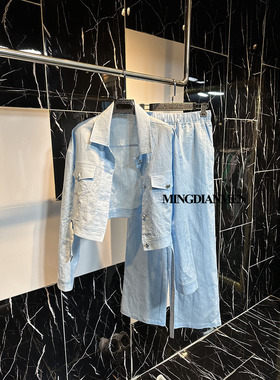 2026新款蓝色棉麻短款系带翻领上衣夹克+阔腿裤春秋休闲气质套装