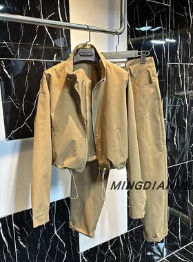 新款高街帅气卡其立领短款显高夹克上衣外套时尚裤子两件套女套装