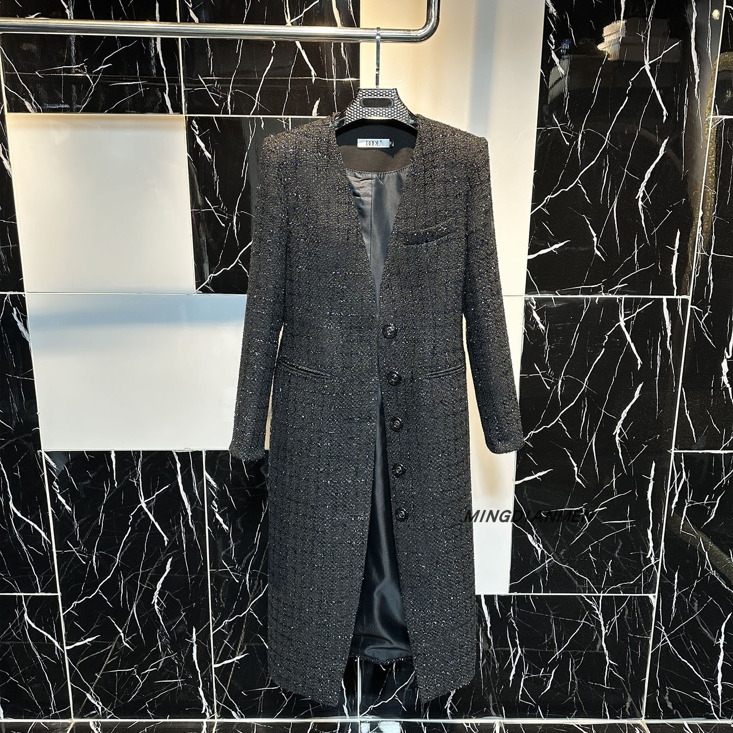 小香风黑色毛呢中长款时尚外套