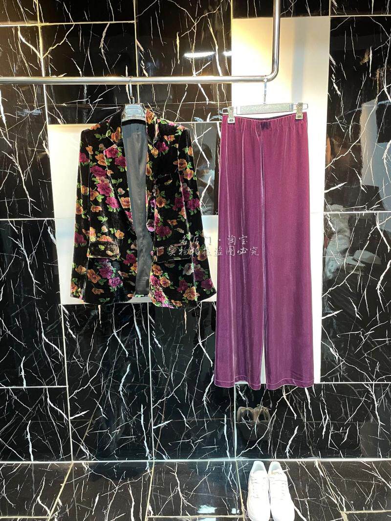 洋气紫色复古花色气质真丝绒 女西服桑蚕丝外套阔腿裤 春秋两件套