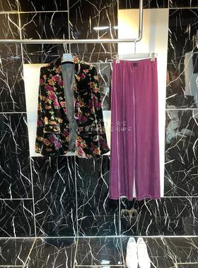 洋气紫色复古花色气质真丝绒 女西服桑蚕丝外套阔腿裤 春秋两件套