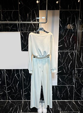 米杏色棉质长袖卫衣+松紧裤套装高级感轻奢斜肩设计感女款两件套