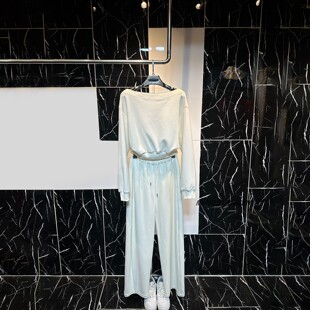 高级感轻奢斜肩设计感女款 米杏色棉质长袖 套装 松紧裤 两件套 卫衣