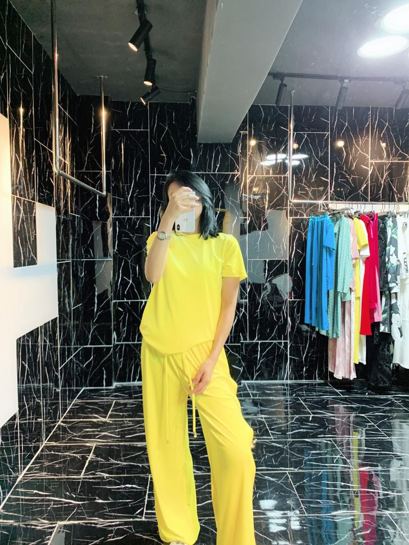 糖果色丝绒短袖松紧腰阔腿裤多色两件套黄色 红色女春秋季休闲套