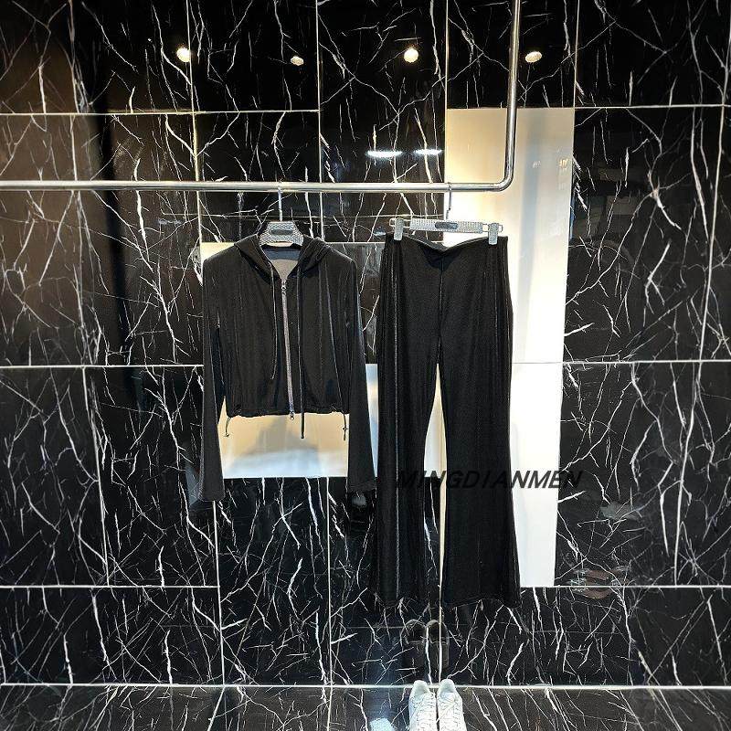 春秋百搭黑色金丝绒短款休闲连帽夹克外套裤子两件套气质时尚套装