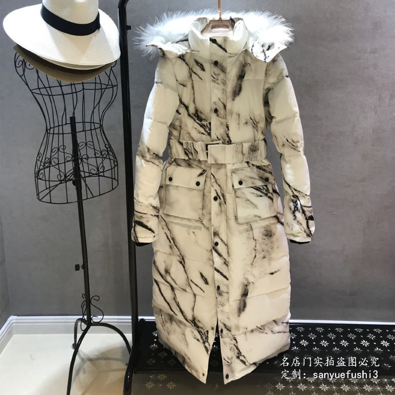 定制色染 水墨大毛领收腰长款过膝修身显瘦白鹅绒羽绒服外套女