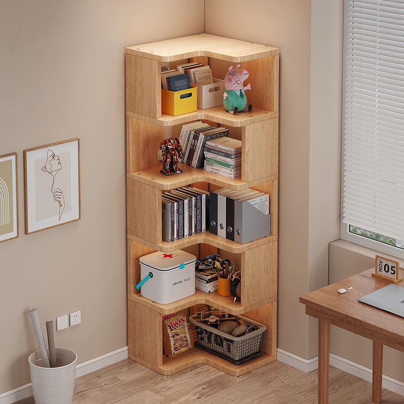 实木书架落地置物架一体