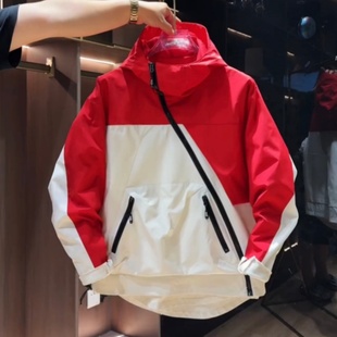 秋冬季潮牌大口袋工装斜拉链连帽夹克男士户外百搭防风冲锋衣外套