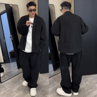 外套长裤 秋冬极简松弛感廓形毛呢时尚 百搭休闲开衫 男士 两件套 套装