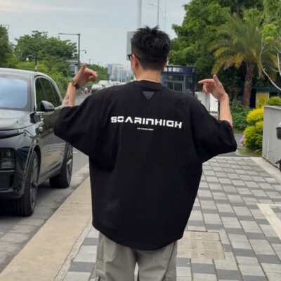夏季美式潮牌字母蝙蝠袖圆领T恤