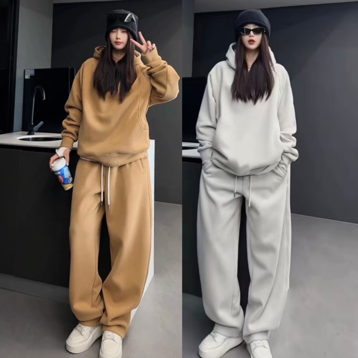 冬季男士加绒加厚休闲运动连帽套装情侣款百搭卫衣休闲卫裤两件套