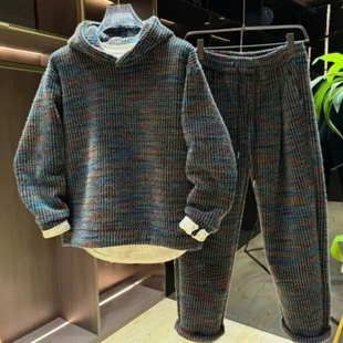 冬季潮牌彩色编织加绒加厚时尚套装男女款休闲连帽卫衣长裤两件套