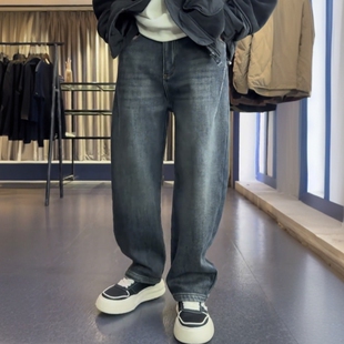 百搭保暖休闲直筒裤 男士 复古加绒加厚水洗弹力弯刀牛仔裤 秋冬美式