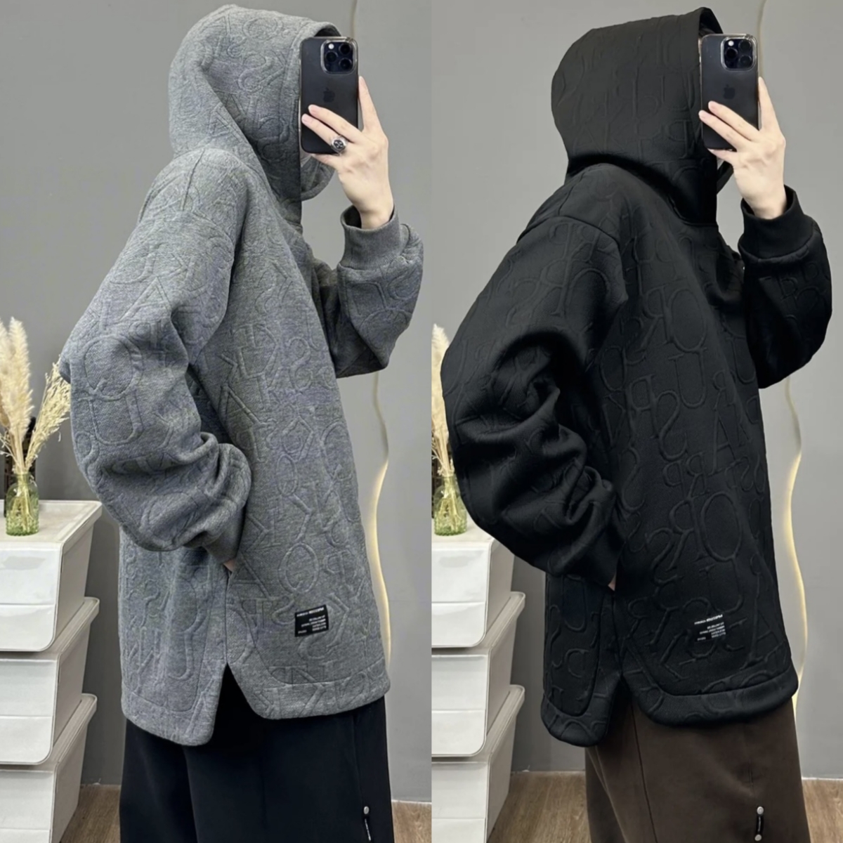 立体浮雕提花字母连帽卫衣