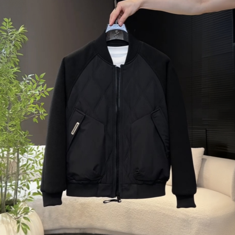 冬季菱形格拼接摇粒绒棒球领棉服