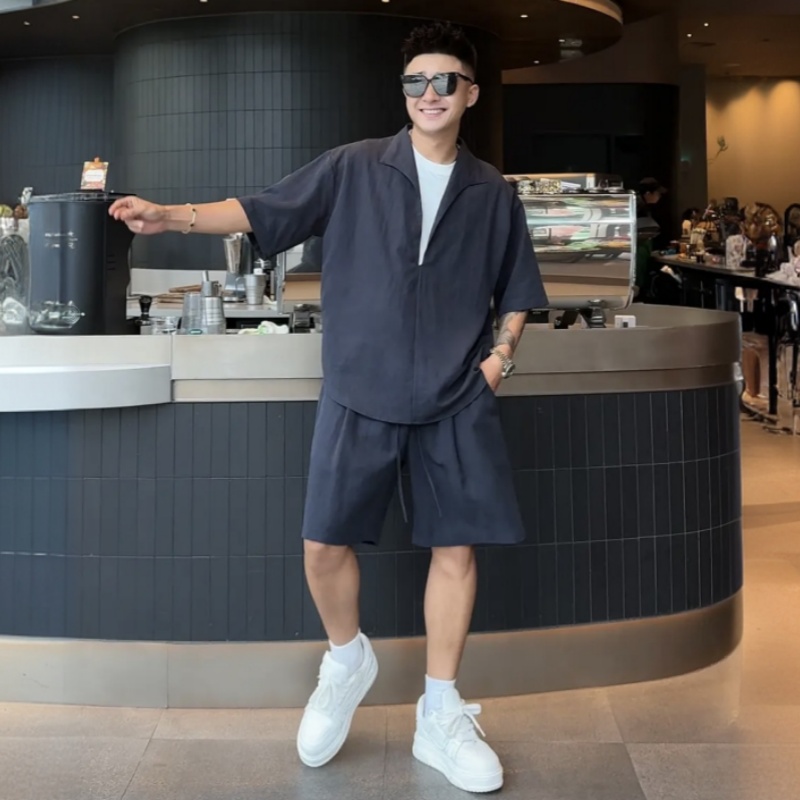 夏季莱赛尔天丝凉感休闲运动套装男士高级感假两件短袖短裤两件套