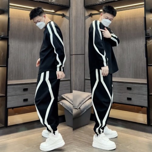 秋季男女款拼接条纹长袖休闲套装