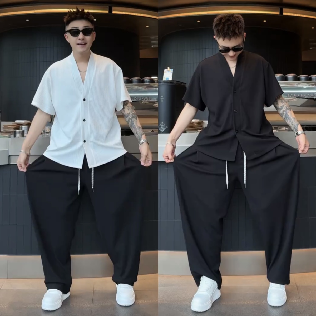 夏季极简V领竖纹肌理感休闲套装
