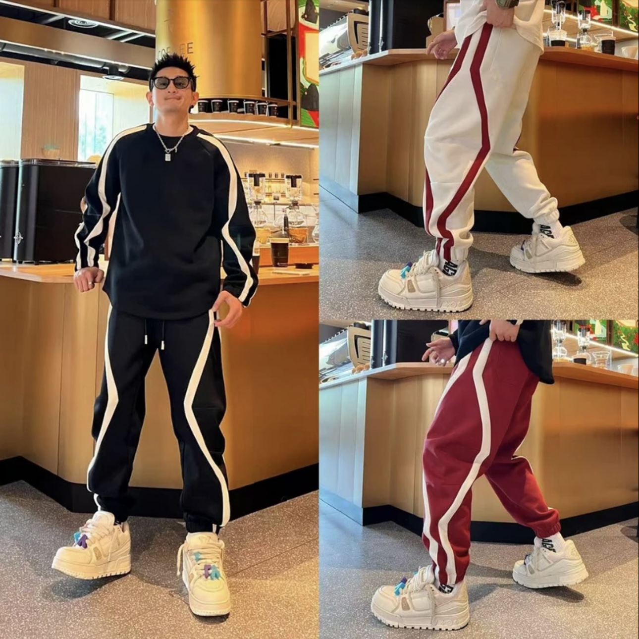 秋季美式休闲条纹拼接运动套装