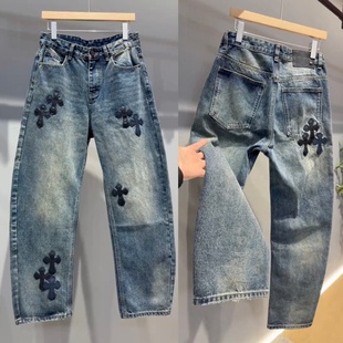 2026春季美式潮牌皮标刺绣牛仔裤男士时尚百搭亲肤透气直筒休闲裤