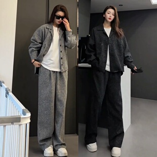 秋季美式潮牌老钱风时尚休闲套装男女款细花呢翻领外套长裤两件套