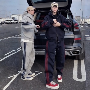 连帽卫衣卫裤 情侣同款 两件套 潮牌重磅针织三条杠休闲运动套装 秋季
